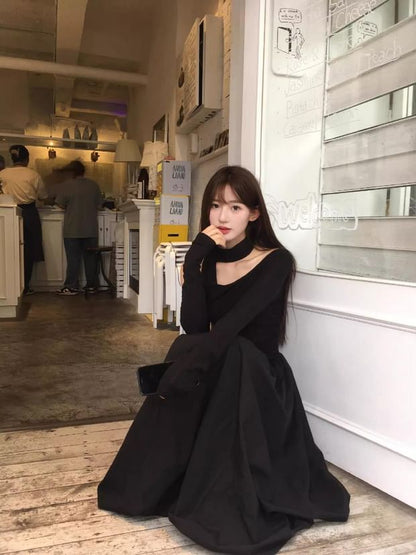 Long-Sleeve Off-Shoulder Plain Maxi A-Line Dress