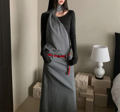 Set: Mock Two-Piece Long-Sleeve Maxi A-Line Dress + Belt