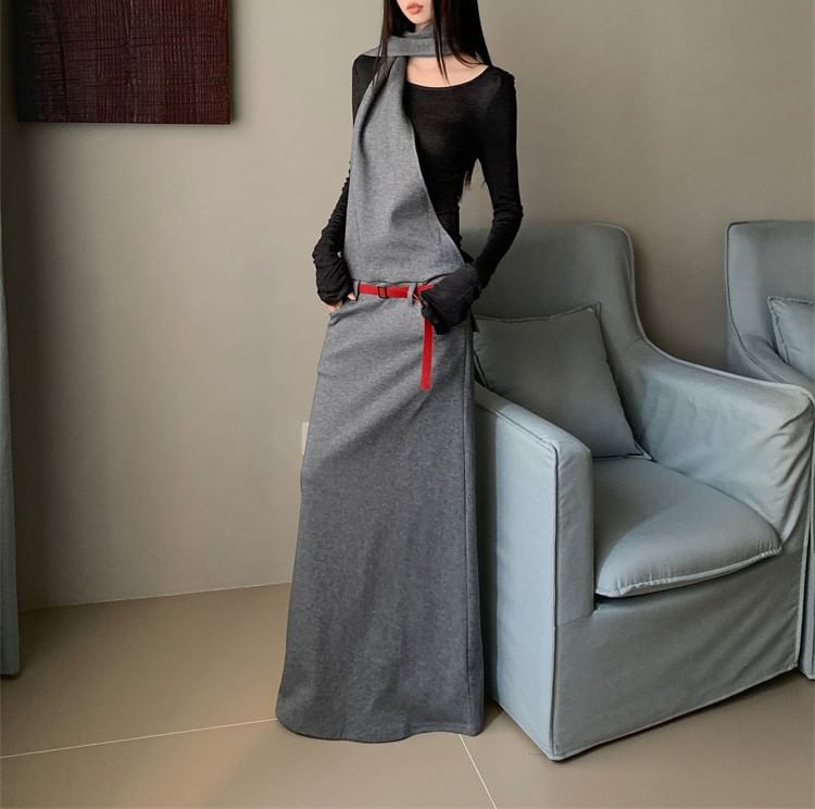 Set: Mock Two-Piece Long-Sleeve Maxi A-Line Dress + Belt