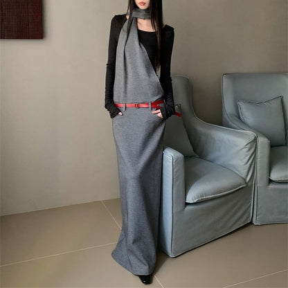 Set: Mock Two-Piece Long-Sleeve Maxi A-Line Dress + Belt