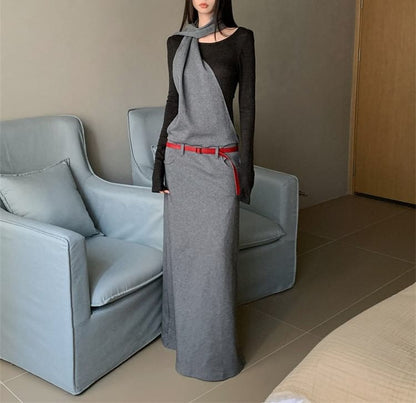 Set: Mock Two-Piece Long-Sleeve Maxi A-Line Dress + Belt