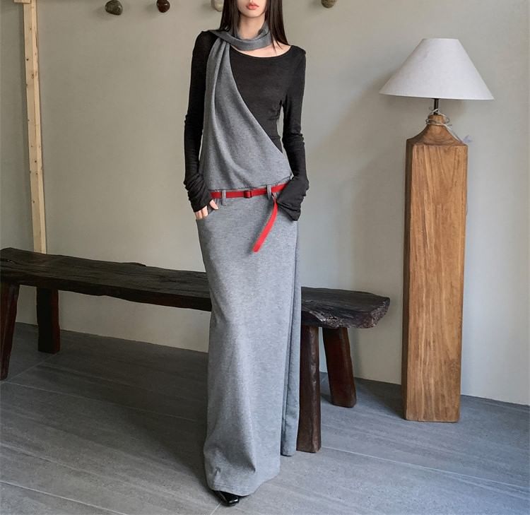 Set: Mock Two-Piece Long-Sleeve Maxi A-Line Dress + Belt