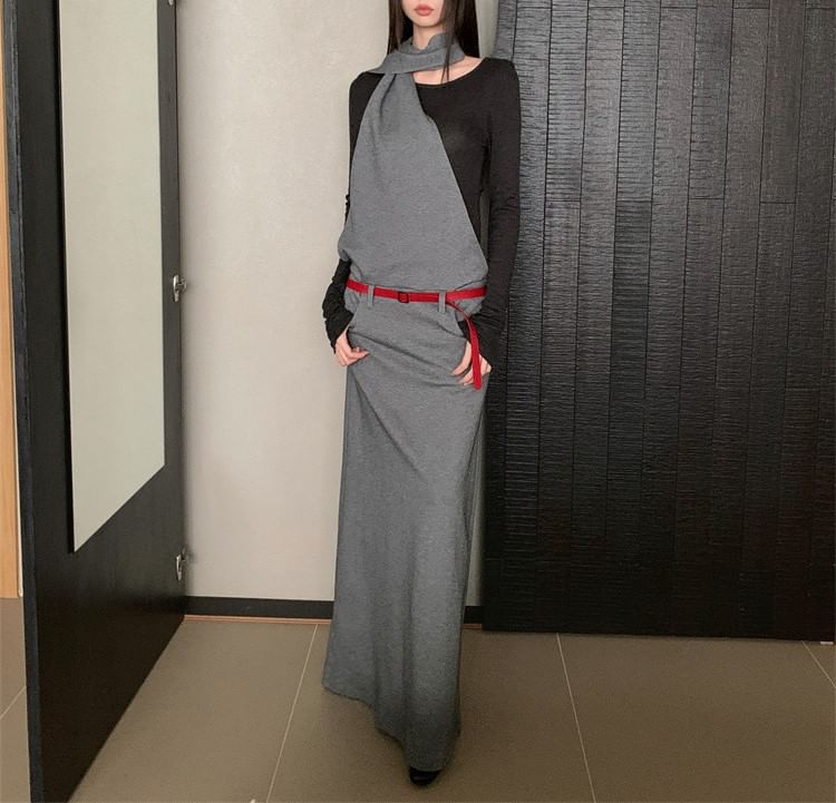 Set: Mock Two-Piece Long-Sleeve Maxi A-Line Dress + Belt