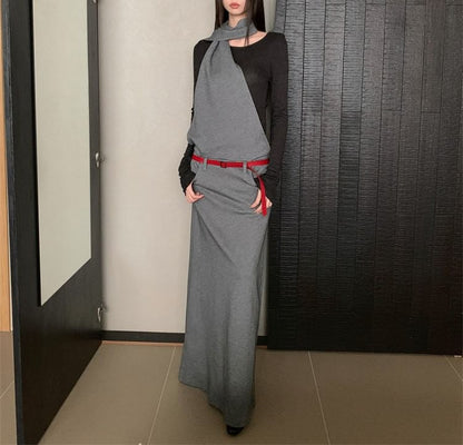 Set: Mock Two-Piece Long-Sleeve Maxi A-Line Dress + Belt