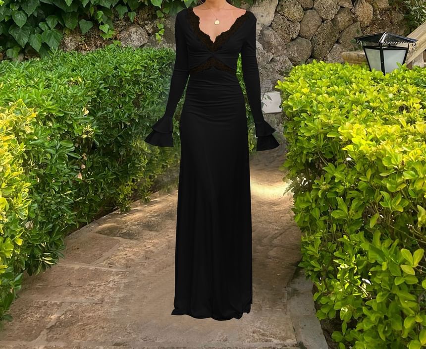 Bell Sleeve V-Neck Plain Panel Lace Maxi Sheath Dress