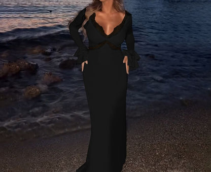 Bell Sleeve V-Neck Plain Panel Lace Maxi Sheath Dress