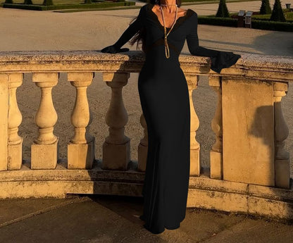 Bell Sleeve V-Neck Plain Panel Lace Maxi Sheath Dress