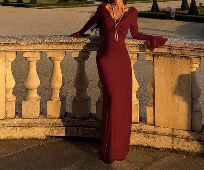 Bell Sleeve V-Neck Plain Panel Lace Maxi Sheath Dress