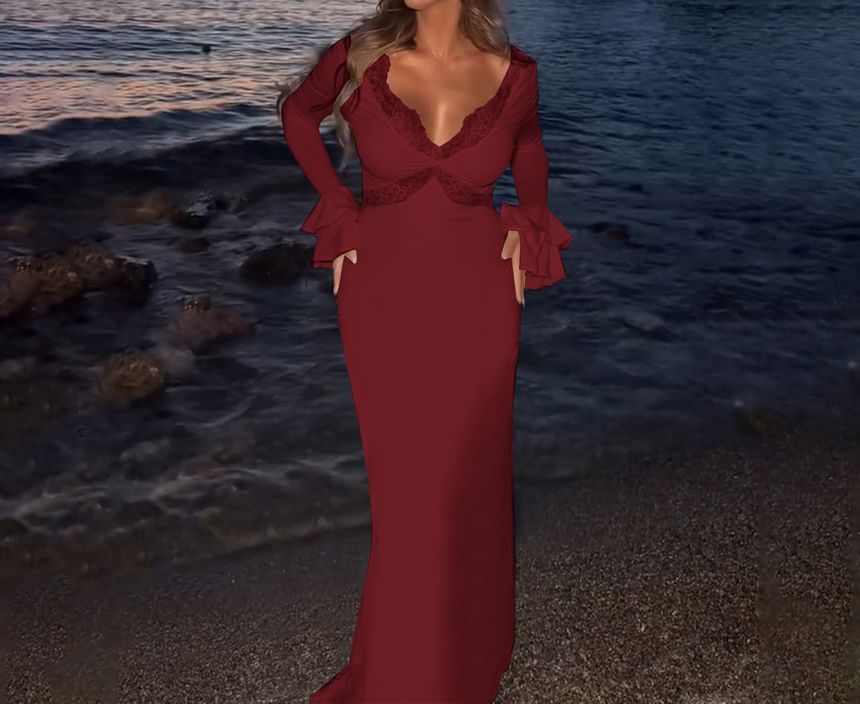 Bell Sleeve V-Neck Plain Panel Lace Maxi Sheath Dress