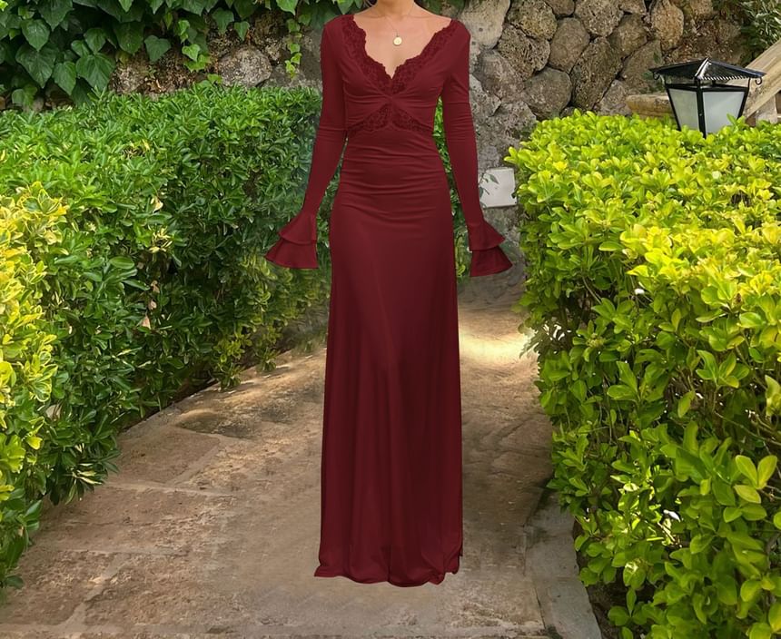 Bell Sleeve V-Neck Plain Panel Lace Maxi Sheath Dress