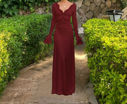 Bell Sleeve V-Neck Plain Panel Lace Maxi Sheath Dress