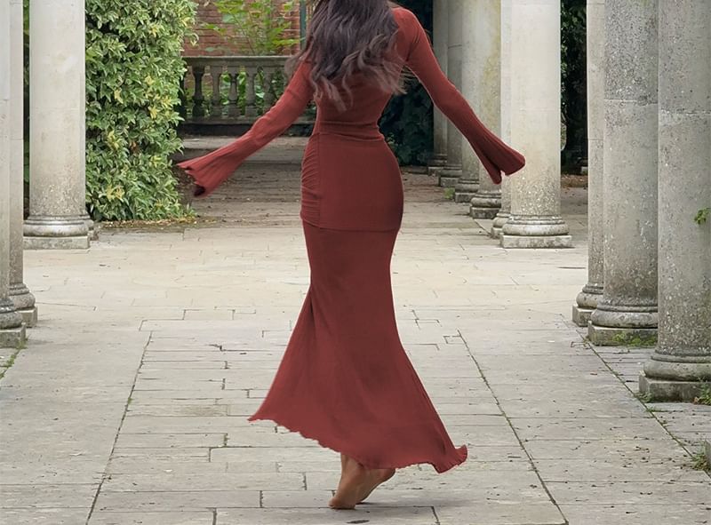 Long Sleeve Scoop Neck Plain Slit Twist Maxi Sheath Dress