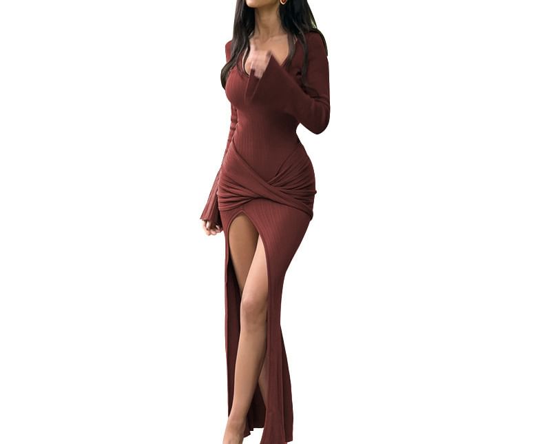 Long Sleeve Scoop Neck Plain Slit Twist Maxi Sheath Dress