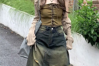 Distressed Denim Maxi A-Line Skirt - Fringed