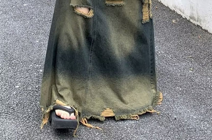 Distressed Denim Maxi A-Line Skirt - Fringed