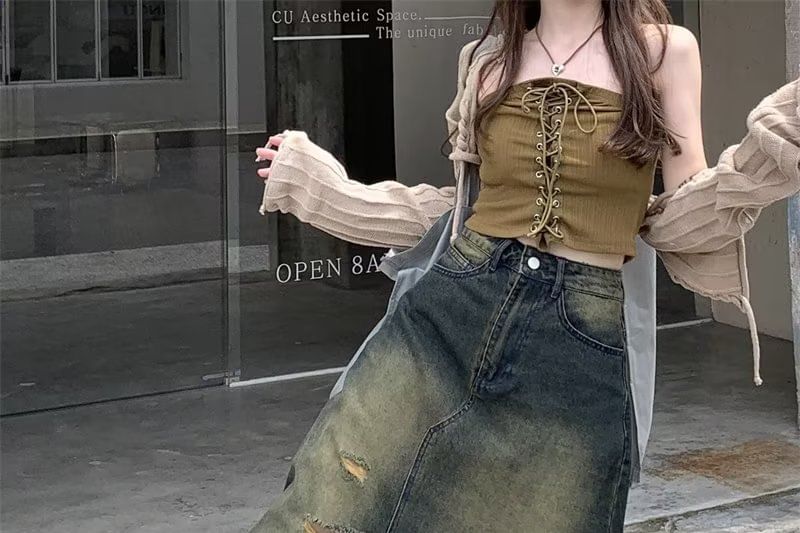 Distressed Denim Maxi A-Line Skirt - Fringed