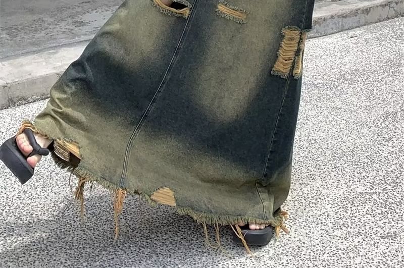 Distressed Denim Maxi A-Line Skirt - Fringed