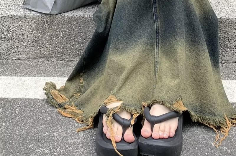 Distressed Denim Maxi A-Line Skirt - Fringed