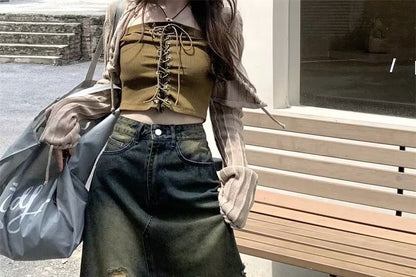 Distressed Denim Maxi A-Line Skirt - Fringed