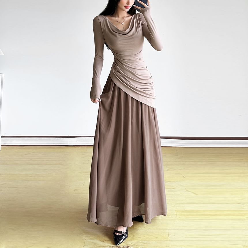 Long Sleeve Cowl Neck Color-Block Maxi A-Line Dress