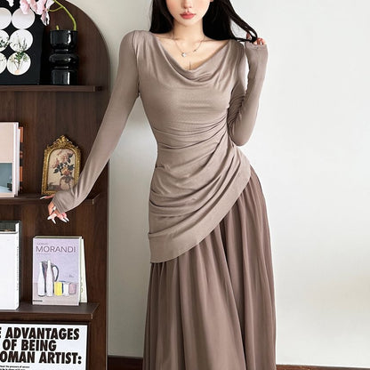 Long Sleeve Cowl Neck Color-Block Maxi A-Line Dress