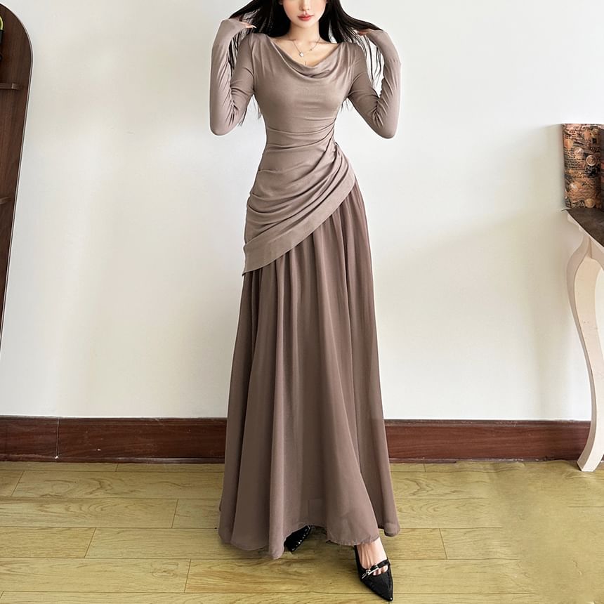 Long Sleeve Cowl Neck Color-Block Maxi A-Line Dress
