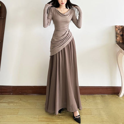 Long Sleeve Cowl Neck Color-Block Maxi A-Line Dress