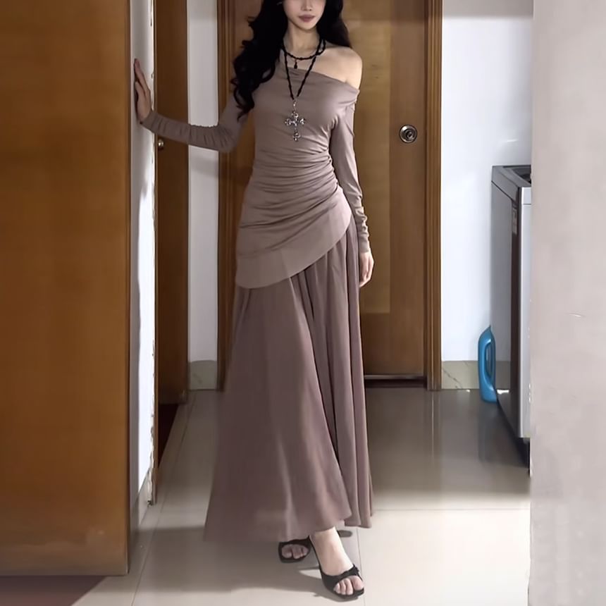 Long Sleeve Cowl Neck Color-Block Maxi A-Line Dress