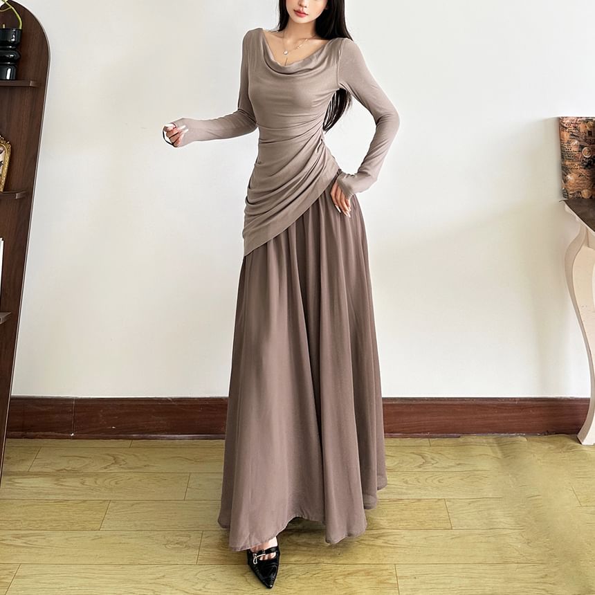 Long Sleeve Cowl Neck Color-Block Maxi A-Line Dress