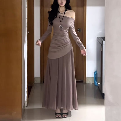 Long Sleeve Cowl Neck Color-Block Maxi A-Line Dress