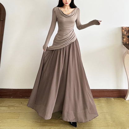 Long Sleeve Cowl Neck Color-Block Maxi A-Line Dress