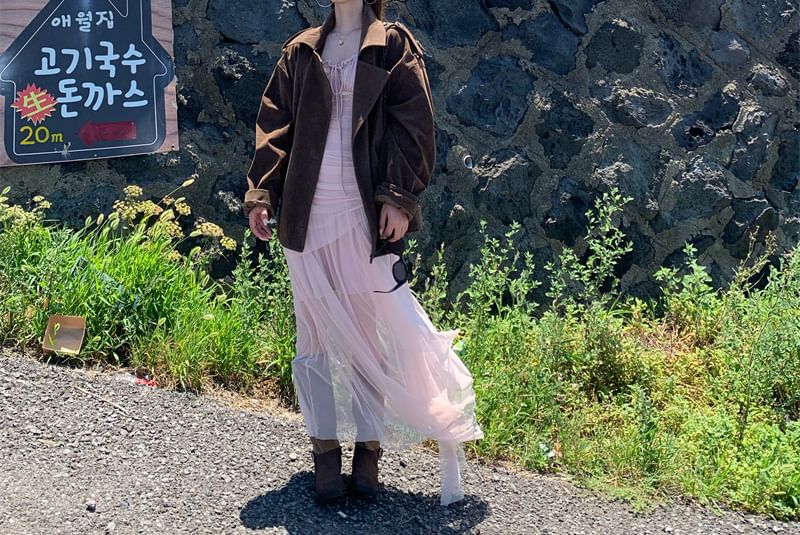 Lapel Collar Double Breasted Plain Jacket / Sleeveless Maxi A-Line Dress