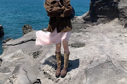 Lapel Collar Double Breasted Plain Jacket / Sleeveless Maxi A-Line Dress