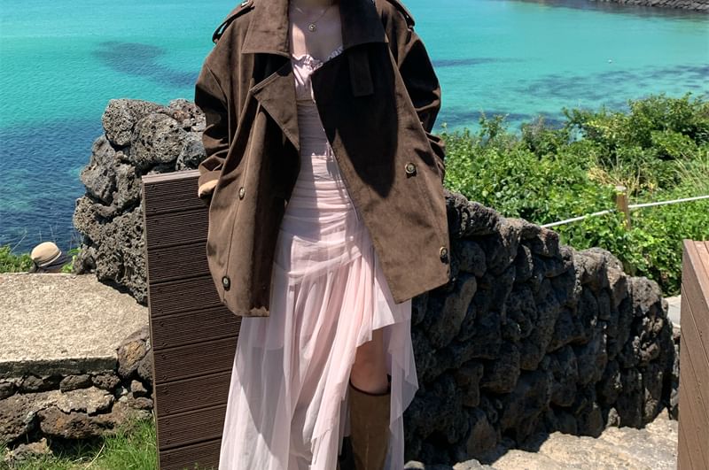 Lapel Collar Double Breasted Plain Jacket / Sleeveless Maxi A-Line Dress