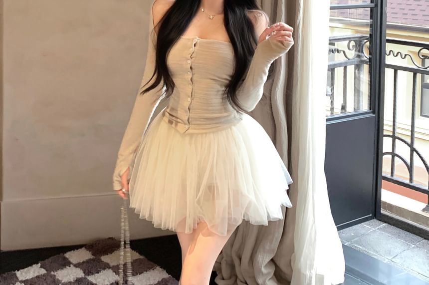 Button-Up Tube Top & Mesh Mini Skirt Set