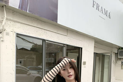 Long-Sleeve Off Shoulder Striped Top / Spaghetti Strap Maxi A-Line Dress