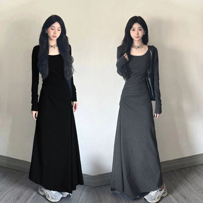 Long-Sleeve Scoop Neck Plain Ruched Maxi A-Line Dress