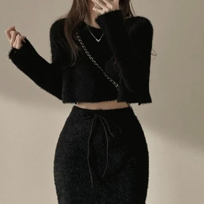 Long-Sleeve Knit Crop Top & Mini Skirt Set