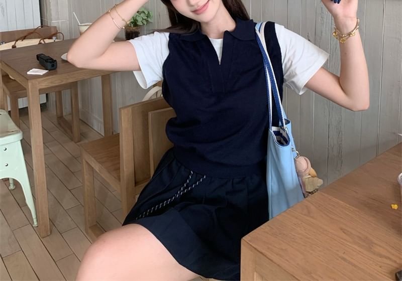 Mock Two-Piece Polo Top with Short Sleeves and Mini Pleated Skirt