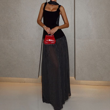 Sleeveless Square Neck Dotted Panel Maxi A-Line Dress