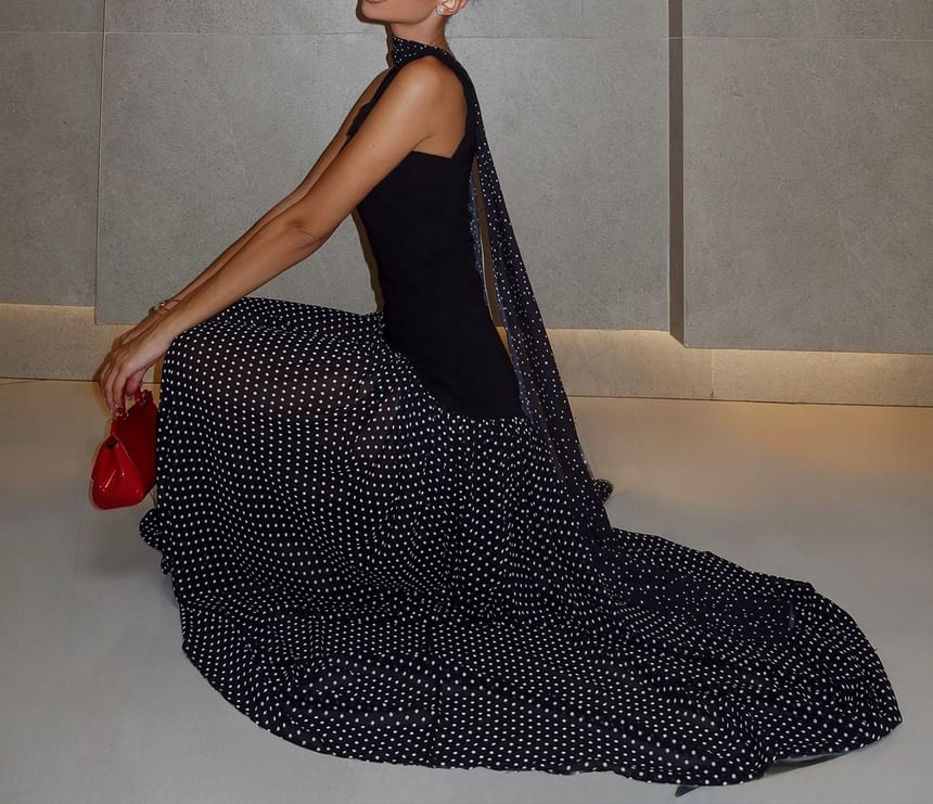 Sleeveless Square Neck Dotted Panel Maxi A-Line Dress