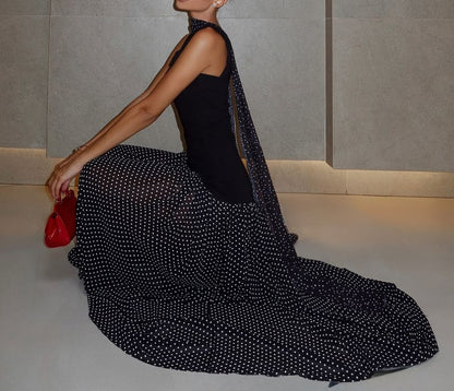 Sleeveless Square Neck Dotted Panel Maxi A-Line Dress