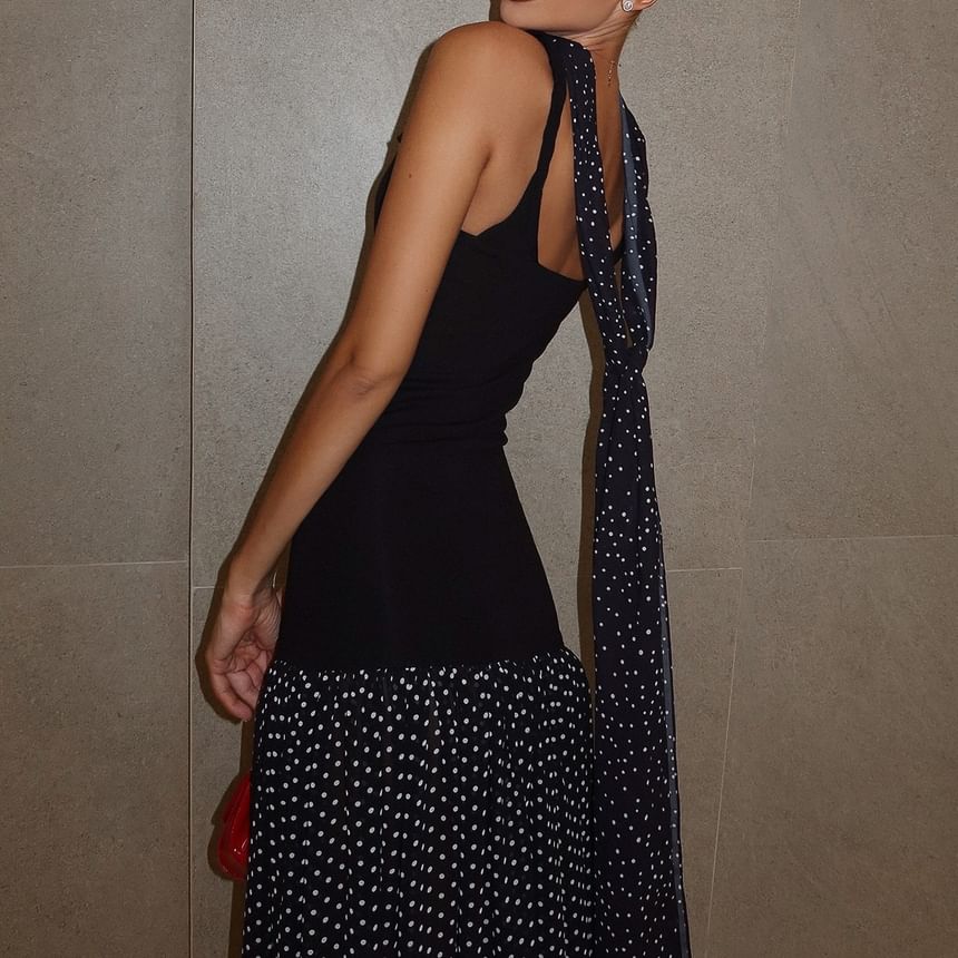Sleeveless Square Neck Dotted Panel Maxi A-Line Dress