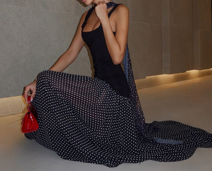 Sleeveless Square Neck Dotted Panel Maxi A-Line Dress