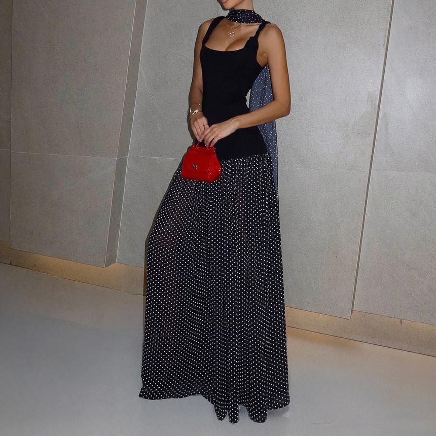 Sleeveless Square Neck Dotted Panel Maxi A-Line Dress