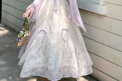 Spaghetti Strap Floral Print Maxi A-Line Dress / Plain Cardigan / Set