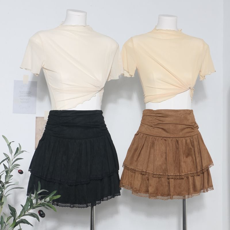 Lace Trim Mini A-Line Layered Skirt