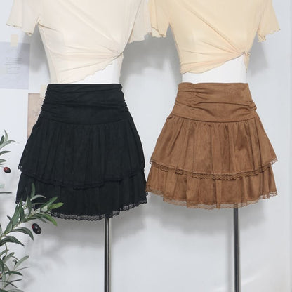 Lace Trim Mini A-Line Layered Skirt