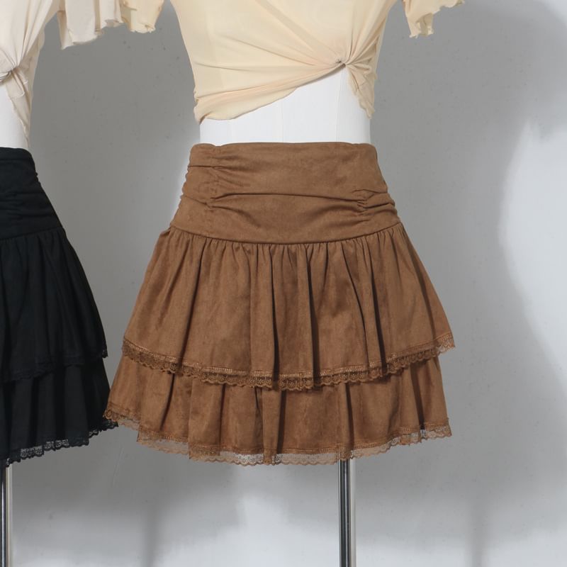 Lace Trim Mini A-Line Layered Skirt