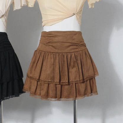 Lace Trim Mini A-Line Layered Skirt